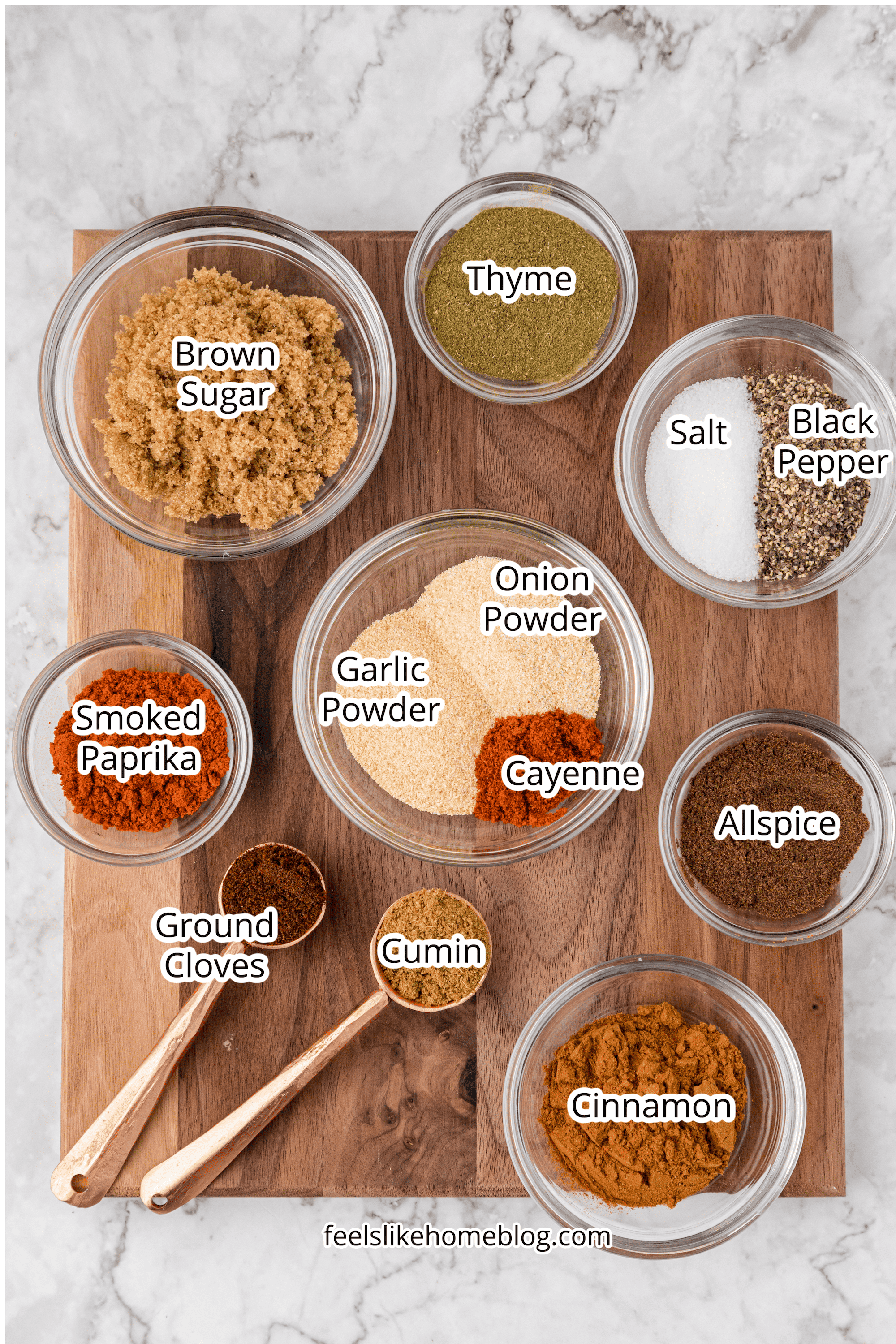 all the ingredients required to make jamaican jerk seasoning, with the bowls labeled