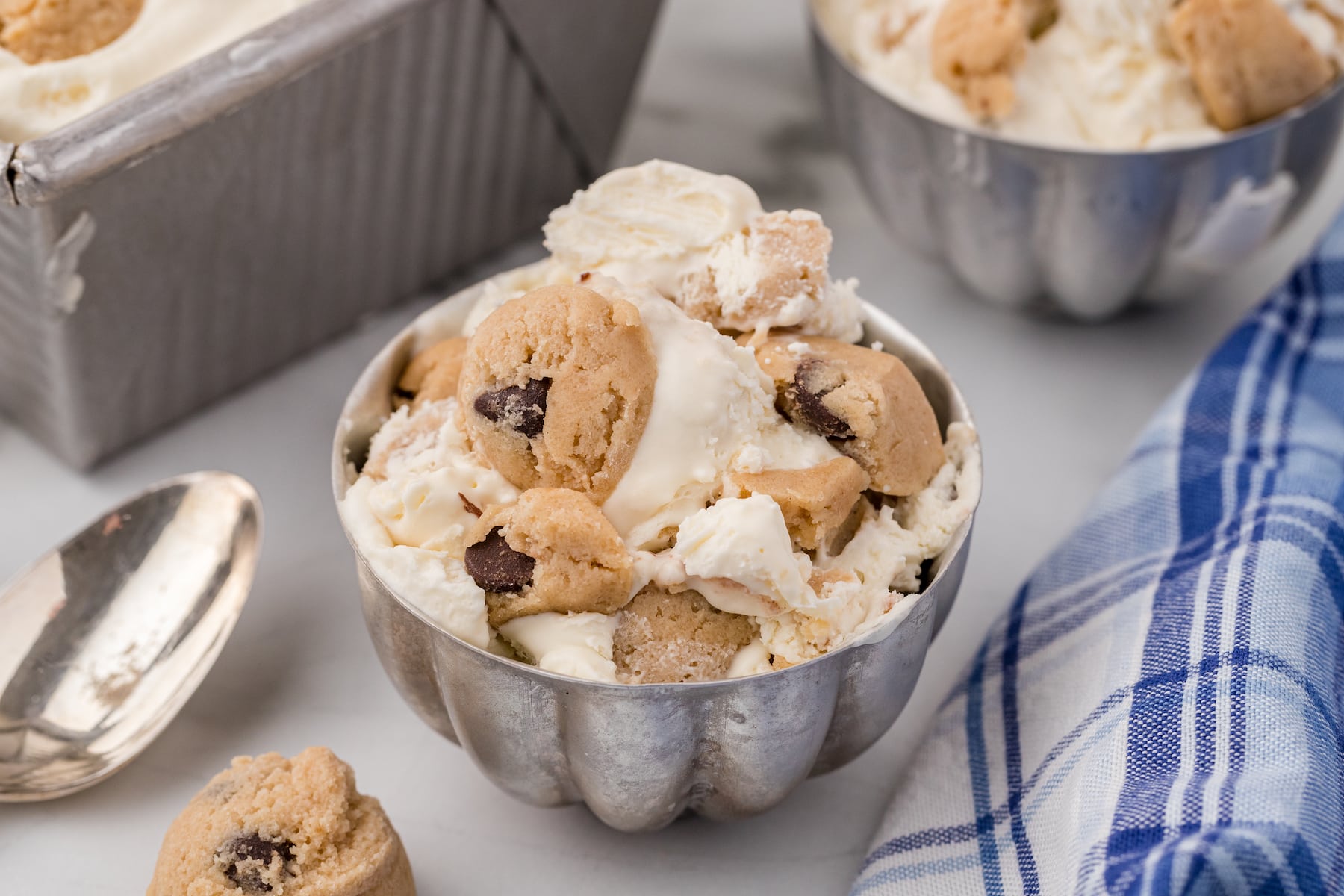 no churn cookie dough ice cream in a metal bowl