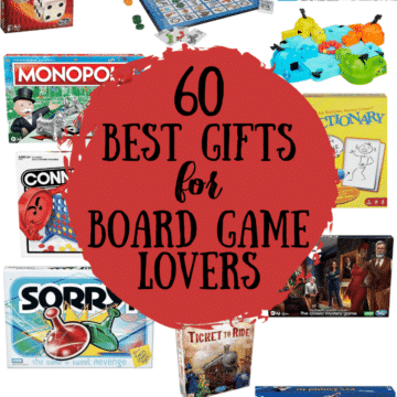 a collage of the best gifts for board game lovers including the game Sorry, Hungry Hungry Hippos, Monopoly, and more