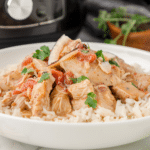 a close up of coconut chicken curry in front of an Instant Pot