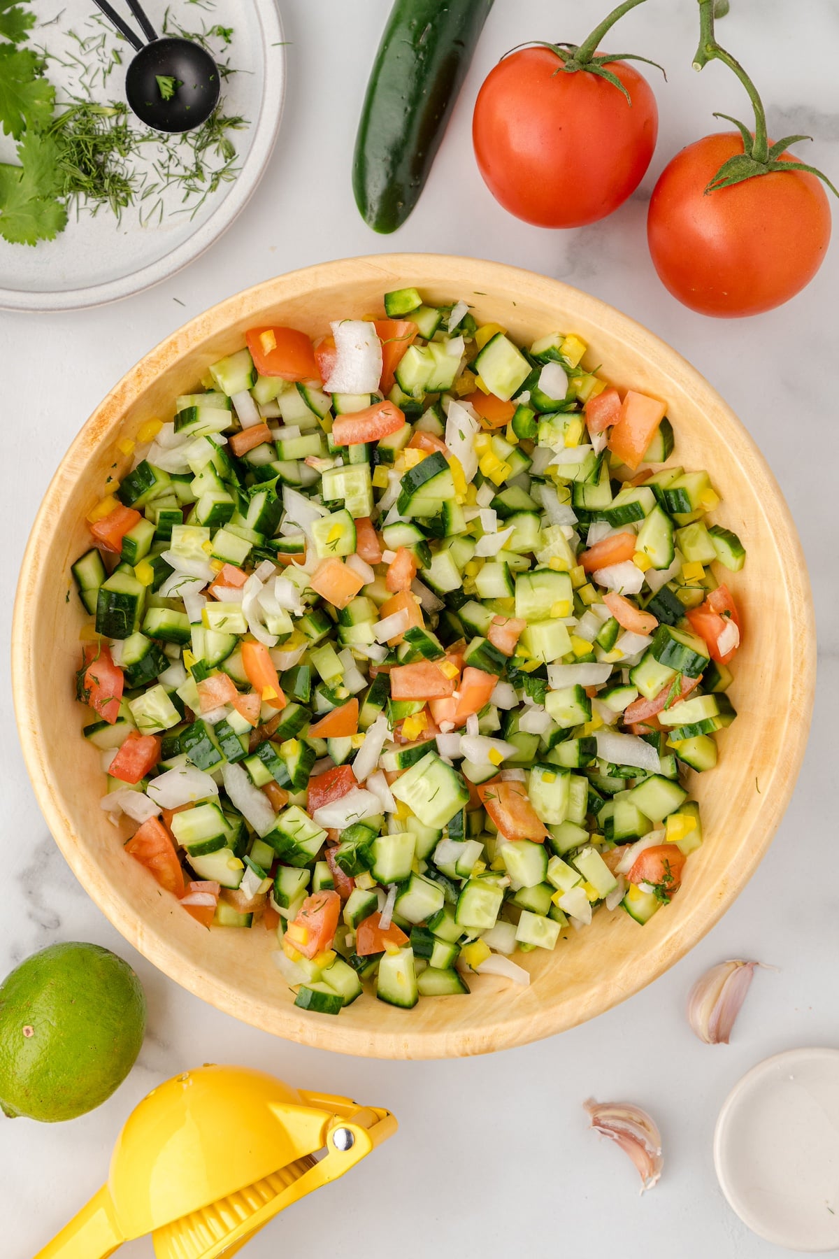 cucumber salsa in a large wooden bowl