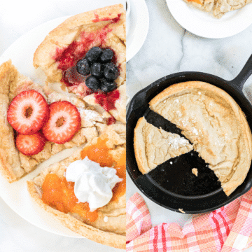 a collage of German pancake or dutch baby photos, one in a cast iron skillet and one in slices with fruit toppings