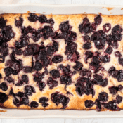 a close up of cherry clafoutis or cherry pudding cake