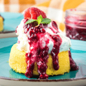 a close up of a raspberry shortcake with raspberry sauce and vanilla ice cream with mint