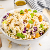 Asian ramen noodle salad in a white bowl