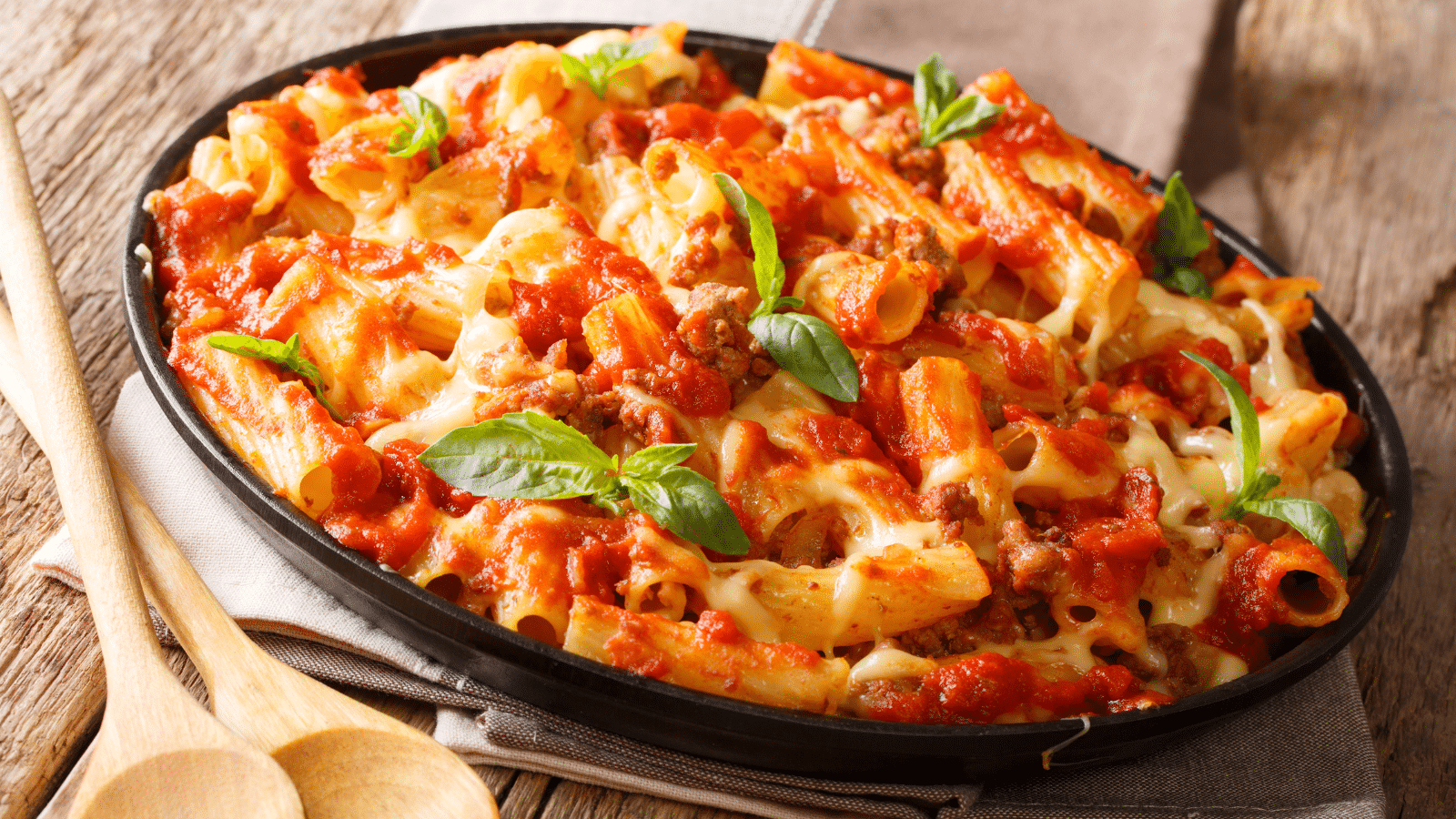 easy baked ziti in a cast iron skillet with two wooden spoons