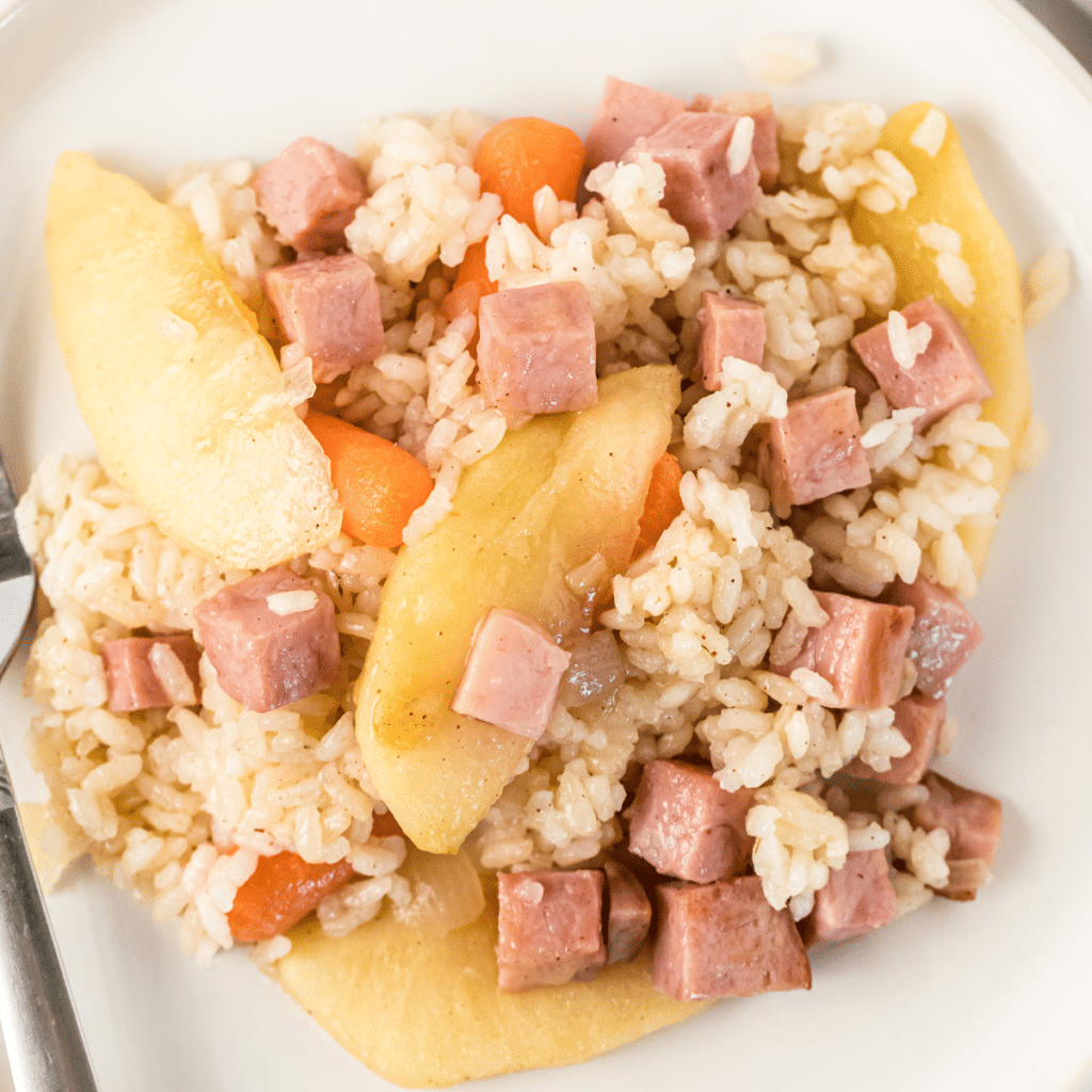 leftover ham and apples with rice and carrots on a white plate with a fork