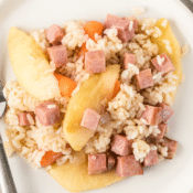 leftover ham and apples with rice and carrots on a white plate with a fork