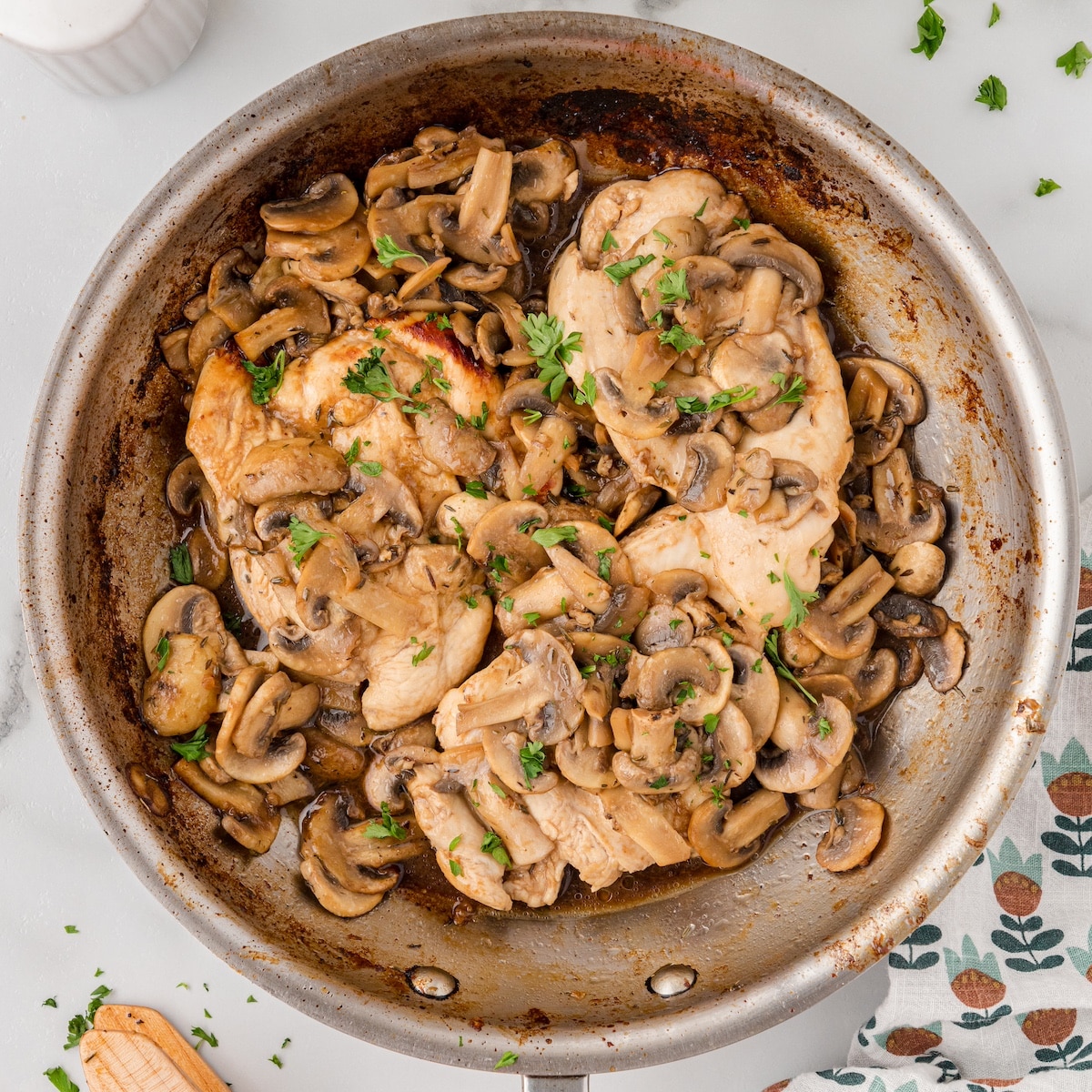 a skillet of balsamic chicken and mushrooms