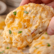 a close up of one cheddar bacon breakfast biscuit held in someone's hand