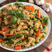 corkscrew pasta with carrots, peas, green beans, zucchini, and onions with an olive oil and garlic sauce on a large plate