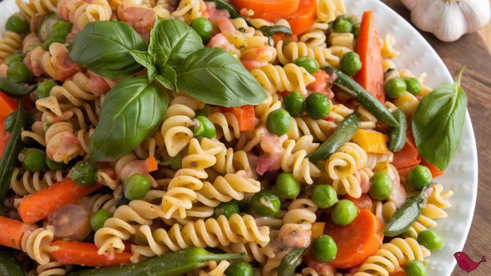 a close up of corkscrew pasta with carrots, peas, green beans, zucchini, and onions with an olive oil and garlic sauce on a large plate