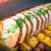 polynesian pork chops with pineapple and mushrooms in a golden sauce