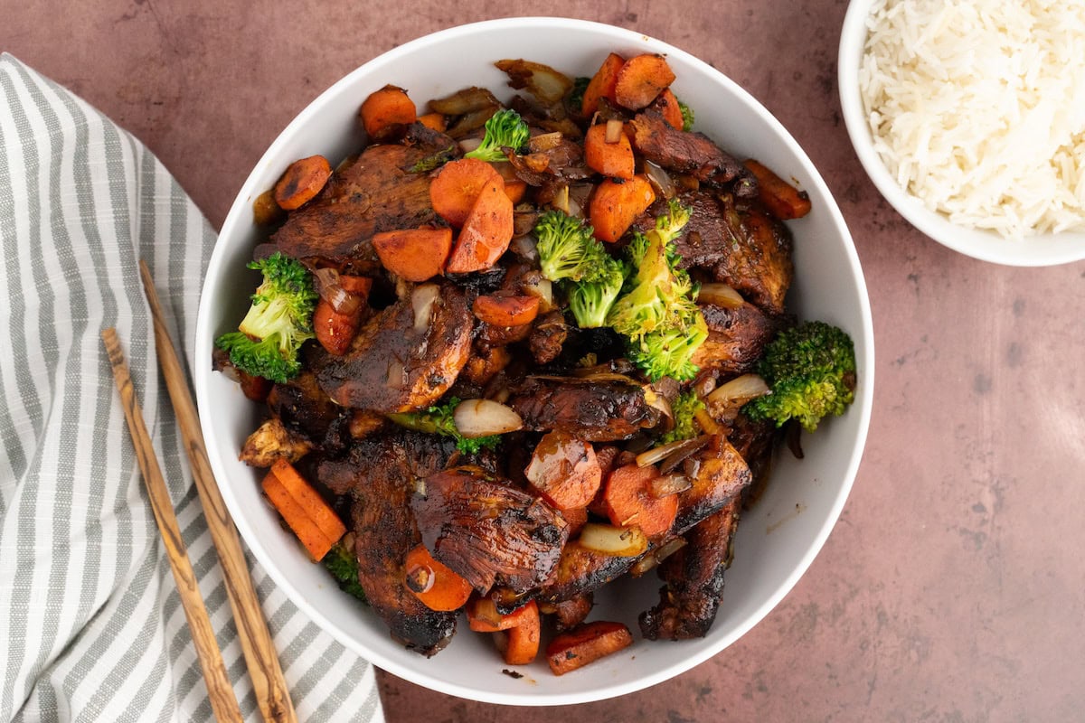marinated Balsamic Chicken and Veggies in a large bowl