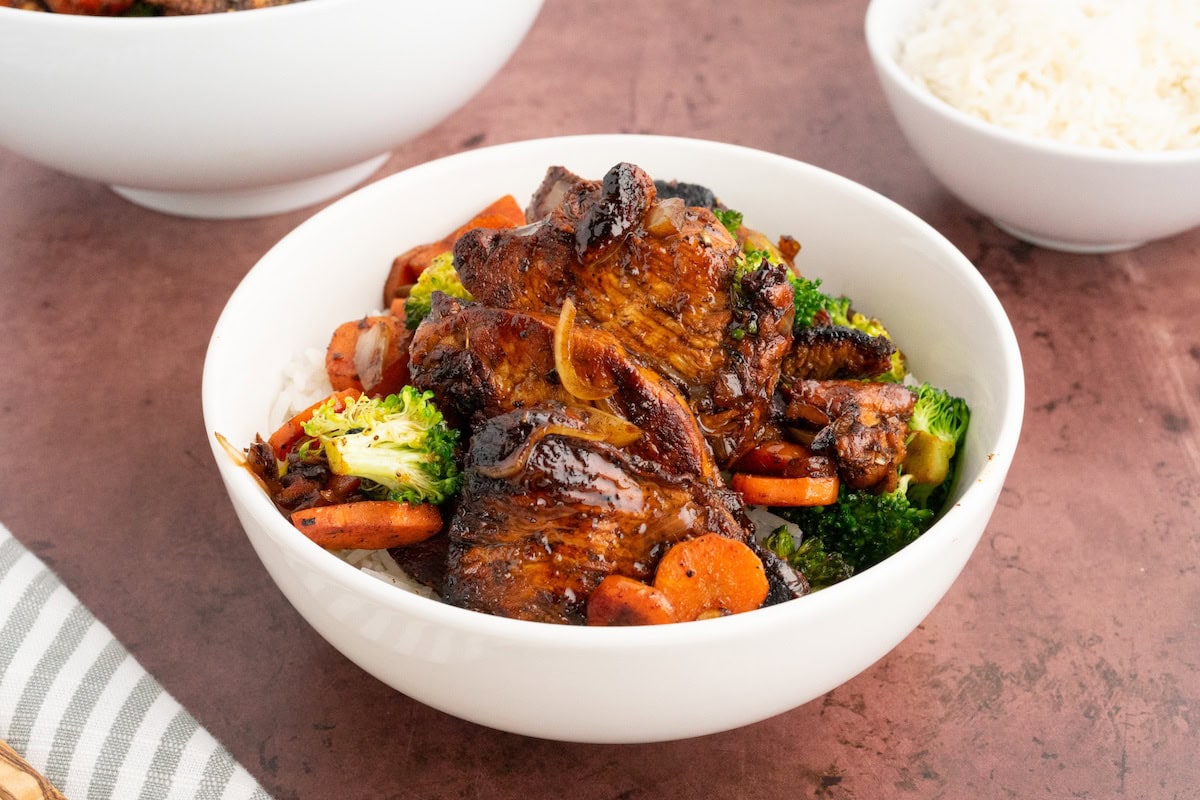 a single portion of marinated Balsamic Chicken and Veggies