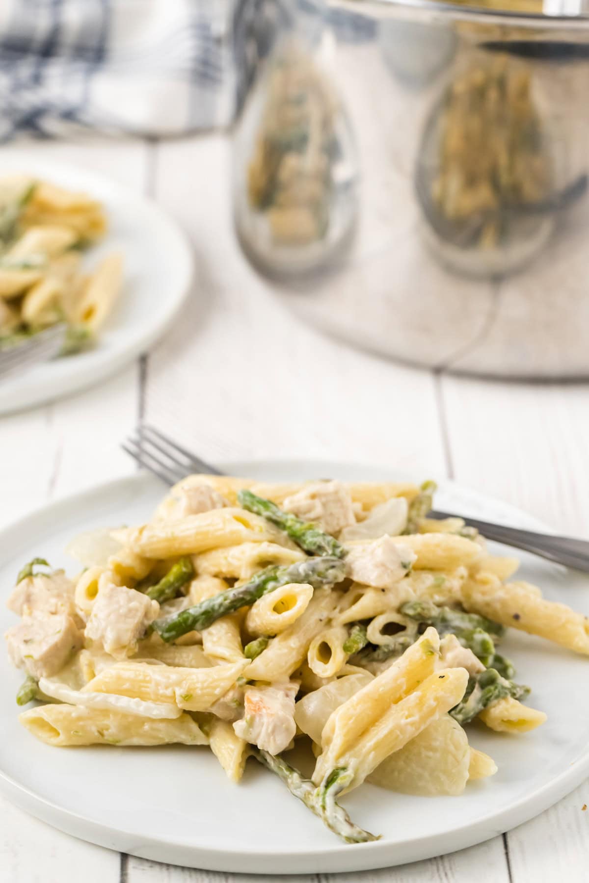 Creamy Chicken and Asparagus Pasta with alfredo sauce on a white plate viewed from the side
