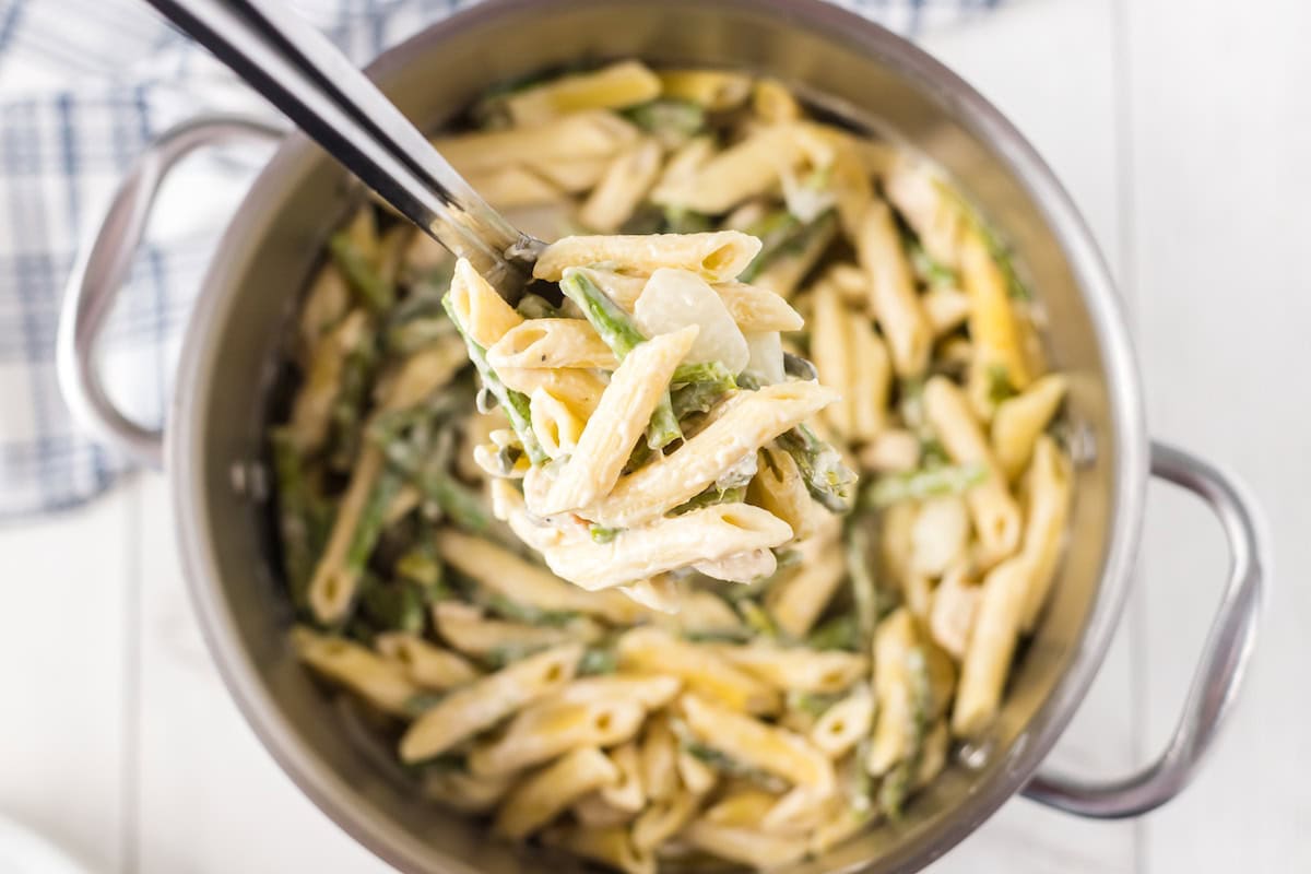a spoonful of Creamy Chicken and Asparagus Pasta with alfredo sauce
