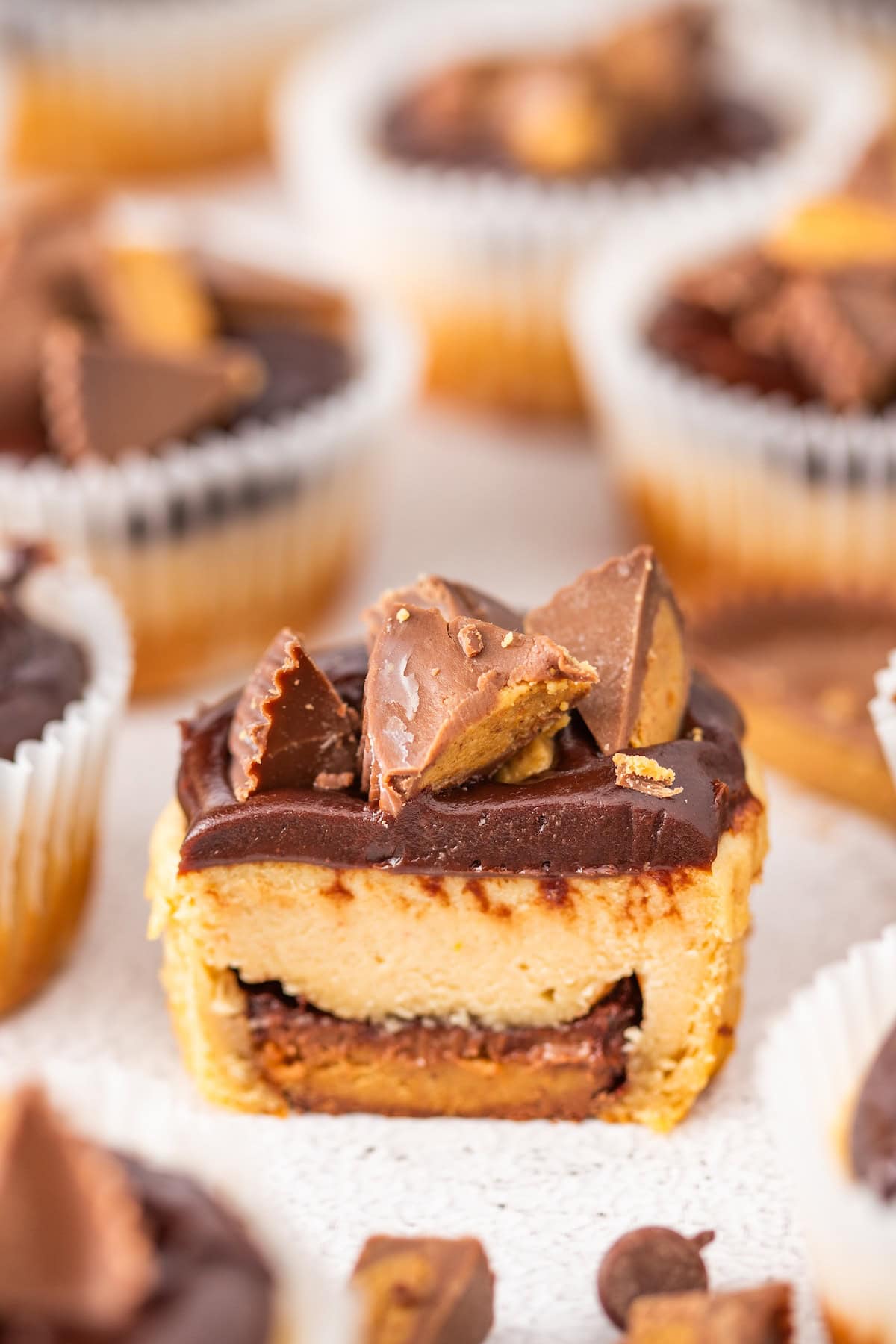 one Mini Peanut Butter Cup Cheesecake cut in half to show the Reese's peanut butter cup on the bottom