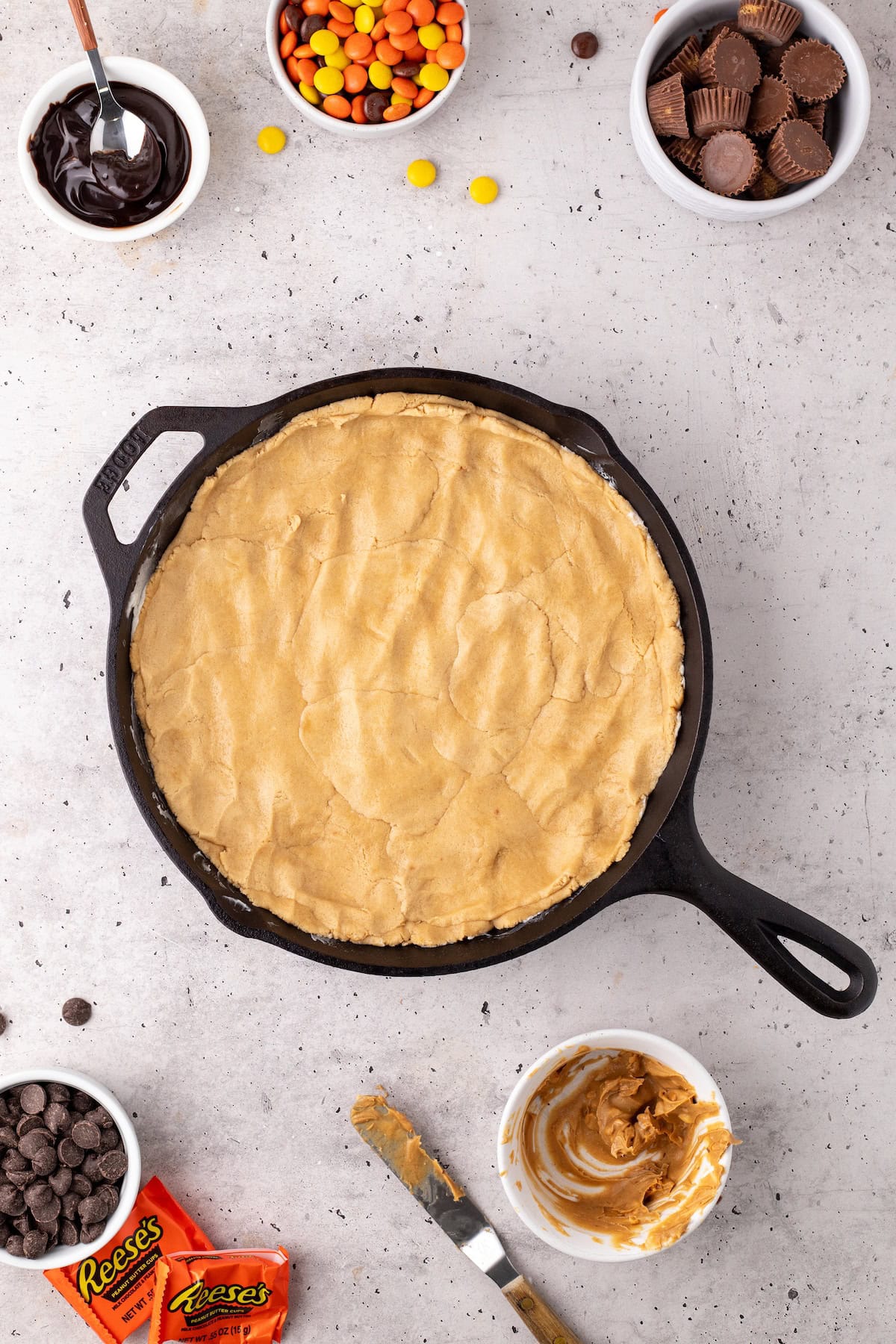 the peanut butter skillet cookie with both layers complete