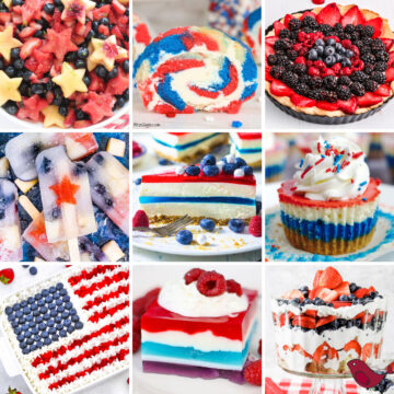 a colorful collage of 9 patriotic red white and blue desserts for the fourth of july including star-shaped fruit salad, layered jello, berry trifle, and fruit popsicles