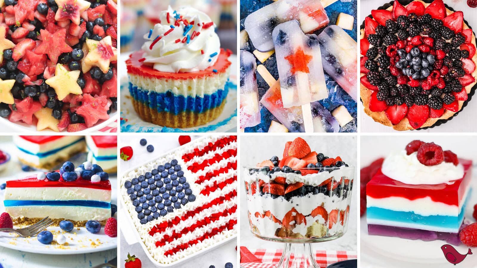 a colorful collage of 8 patriotic red white and blue desserts for the fourth of july including star-shaped fruit salad, layered jello, berry trifle, and fruit popsicles