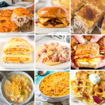 a colorful collage of 9 leftover ham recipes