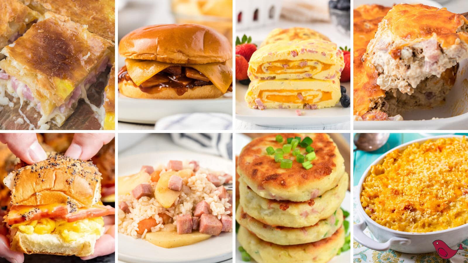 a colorful collage of 8 leftover ham recipes