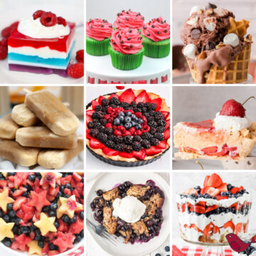 a colorful collage of 9 summer dessert recipes including a red white and blue tart, ice cream, cupcakes, popsicles, and blueberry cobbler