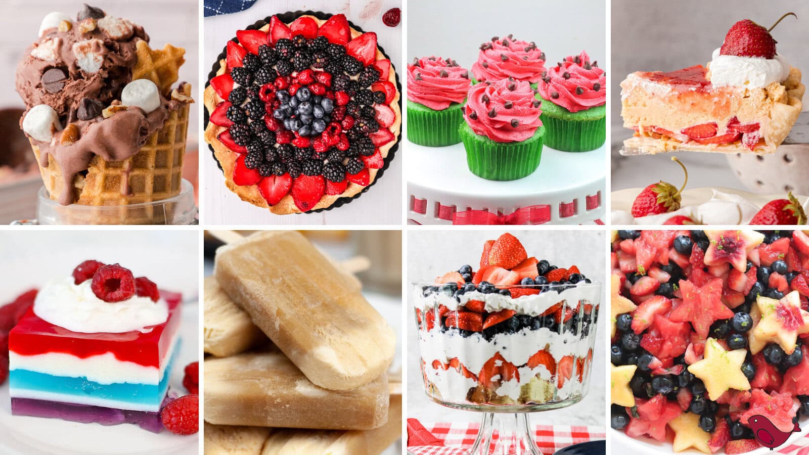 a colorful collage of 8 summer dessert recipes including a red white and blue tart, ice cream, cupcakes, popsicles, and peanut butter pie