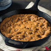 Peanut Butter Chocolate Chip Skillet Cookie in a cast iron skillet