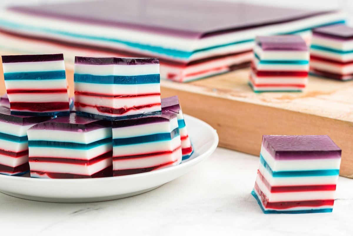 a plate full of red white and blue finger jello