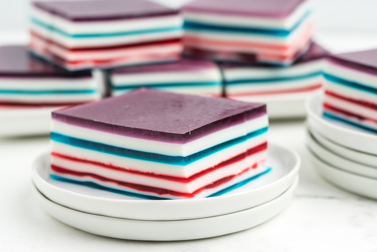 a large square of red white and blue layered jello