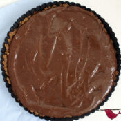 Chocolate Fudge Pie in a black pie pan