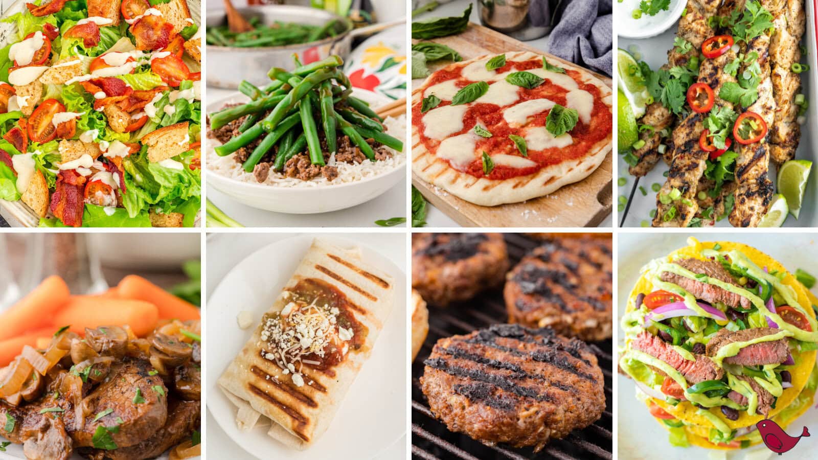 A colorful collage of fresh, easy summer dinner recipes for the family including grilled pizza, chicken with olives, steak tacos, green bean rice bowls, and sloppy joes—featuring quick and easy, healthy meals made without an oven, perfect for hot days, crockpot cooking, and feeding a crowd.