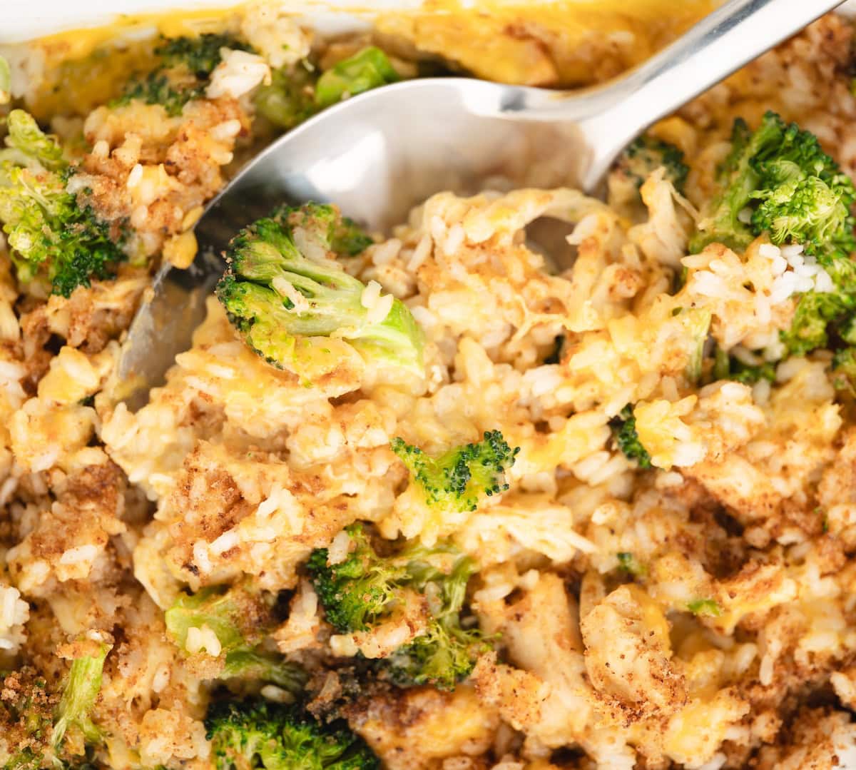 a close up of Chicken Broccoli Rice and Cheese Casserole