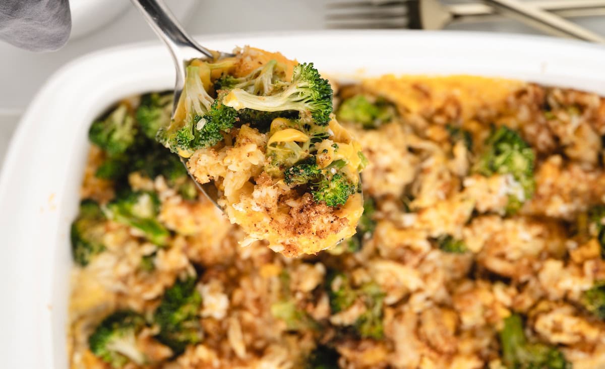 Chicken Broccoli Rice and Cheese Casserole on a spoon