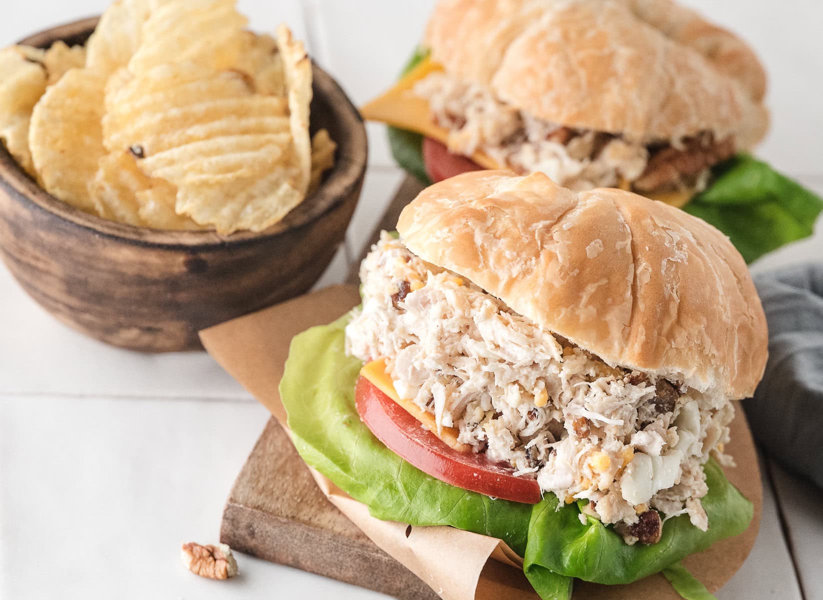 chicken salad with canned chicken on croissants with potato chips