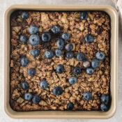 healthy baked oatmeal topped with blueberries