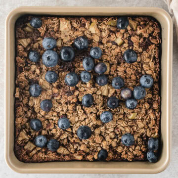 healthy baked oatmeal topped with blueberries