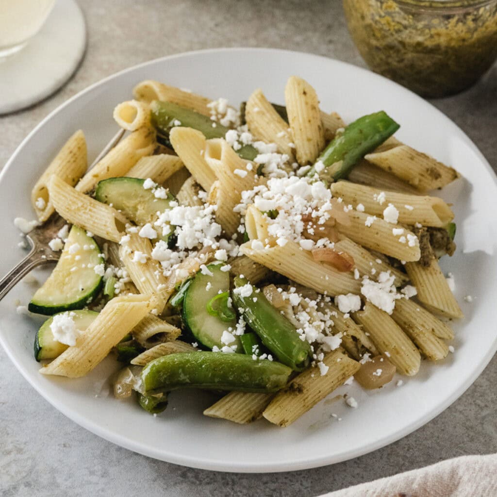 easy pasta primavera on a white plate