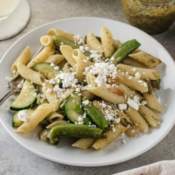 easy pasta primavera on a white plate