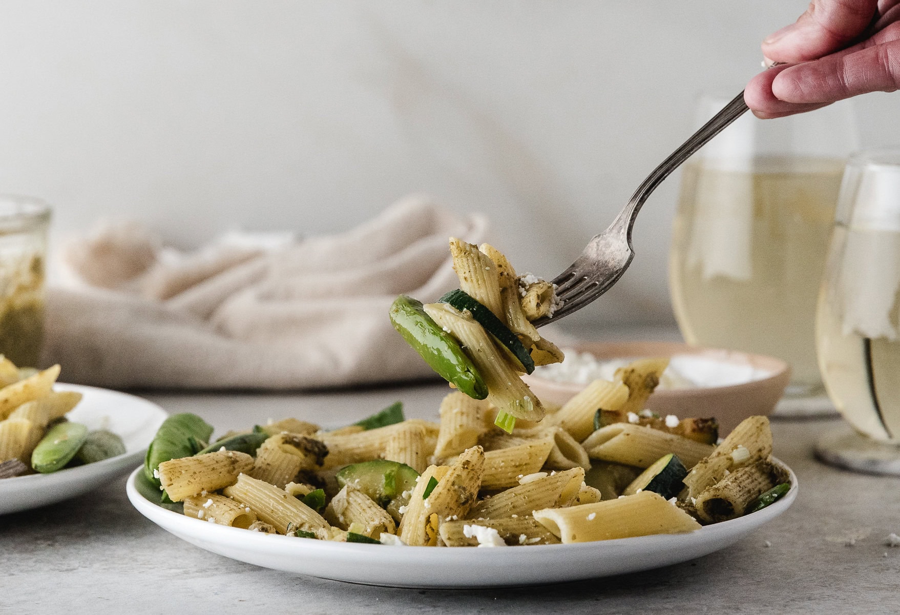 easy pasta primavera on a fork