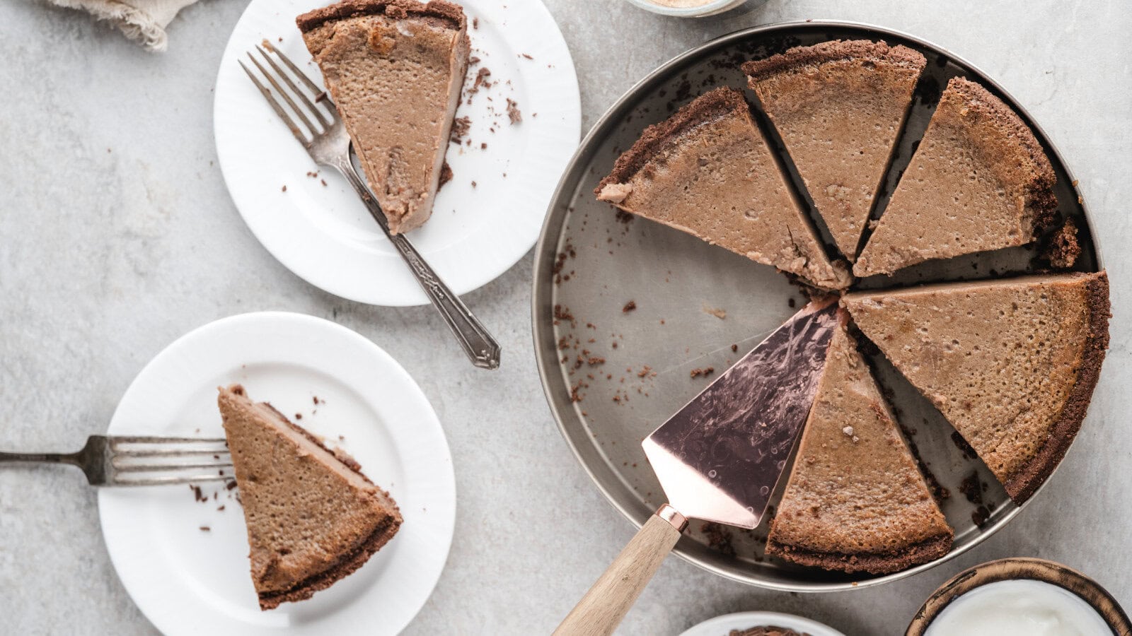 homemade chocolate pie cut into slices