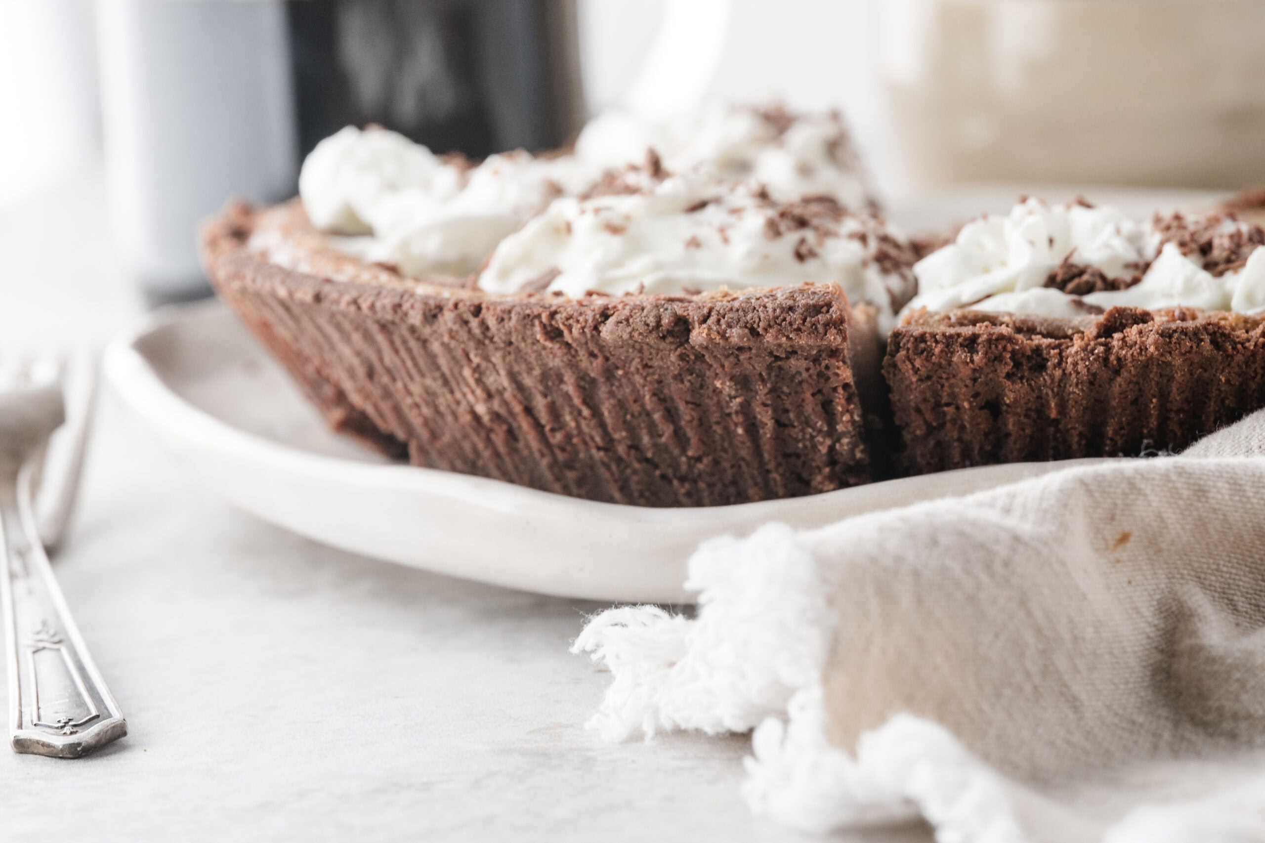 homemade chocolate pie viewed from the edge