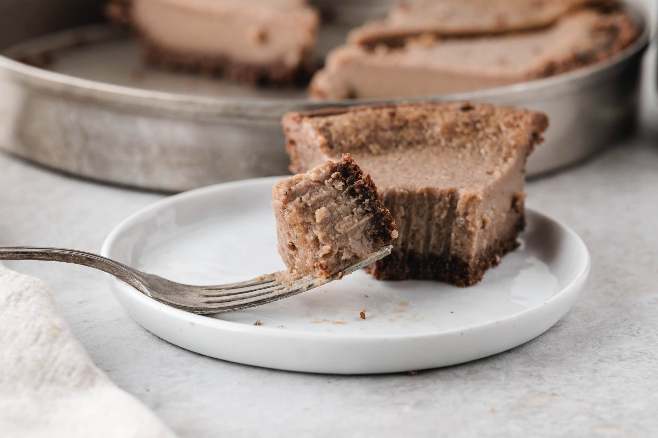 a fork with one slice of chocolate fudge pie