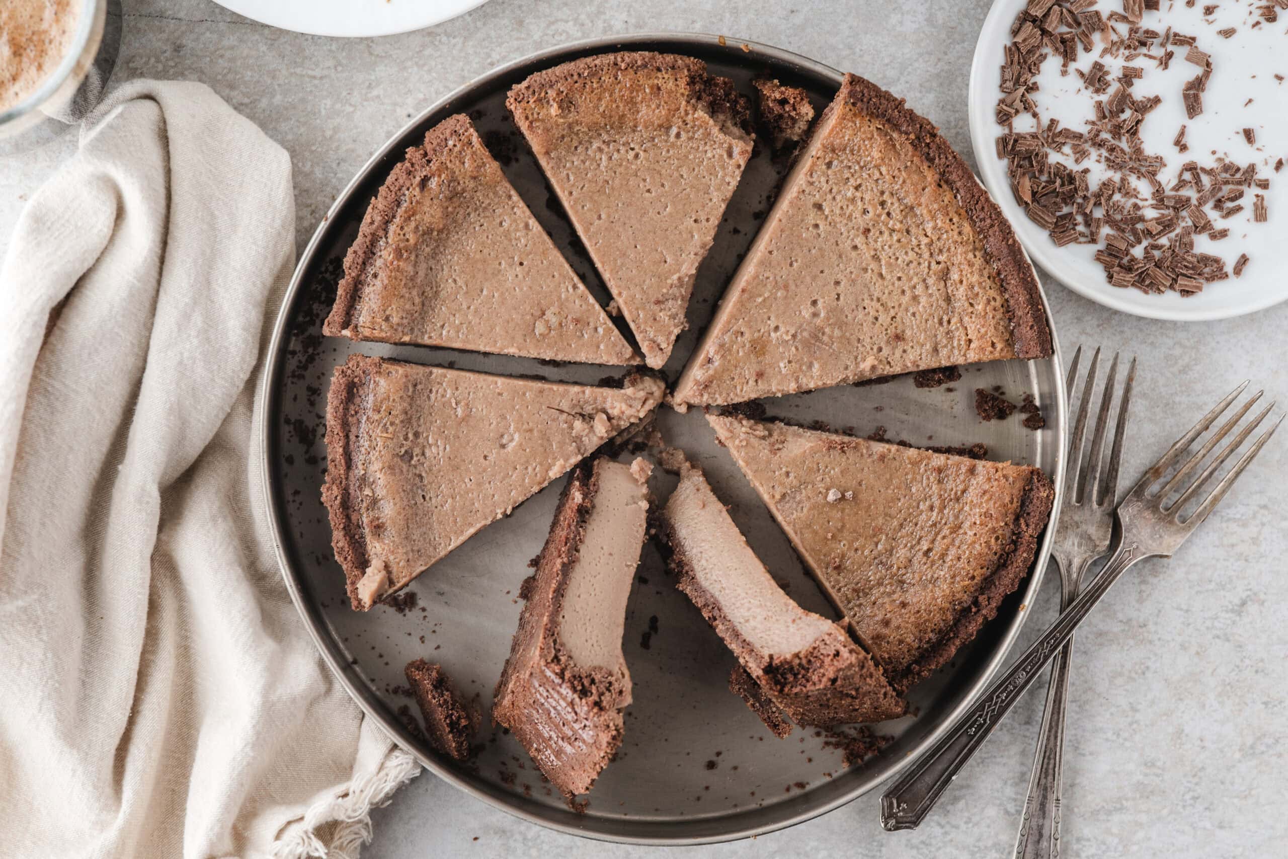 old fashioned chocolate pie recipe cut into wedges with forks