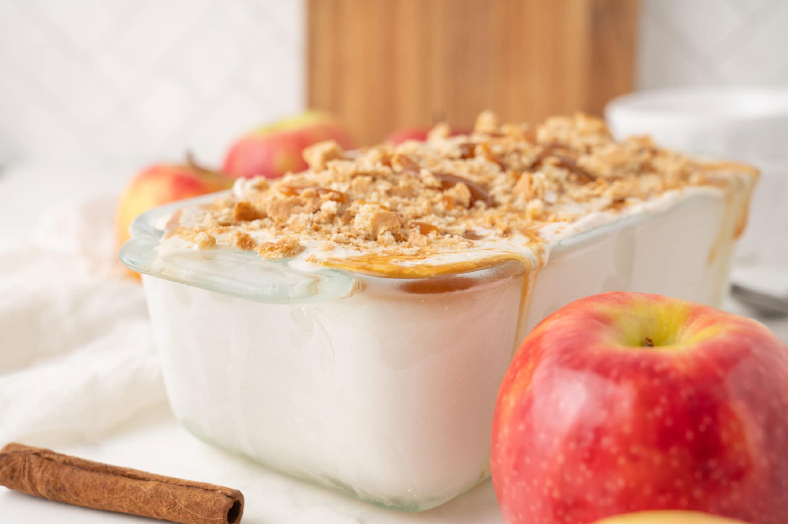 Apple pie ice cream all prepared in 9x5 loaf pan ready to be scooped and served