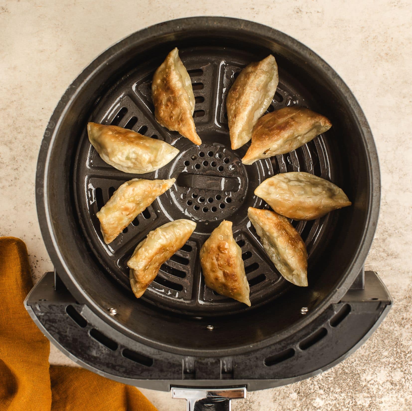 Dumplings in air fryer all ready to be plated and served