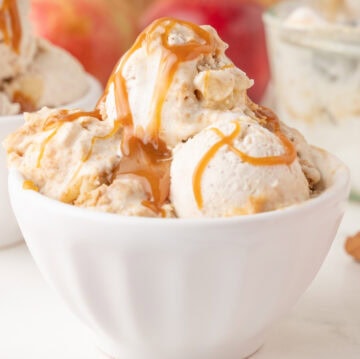 Apple Pie Ice Cream all served up with caramel dripping on top in a serving bowl