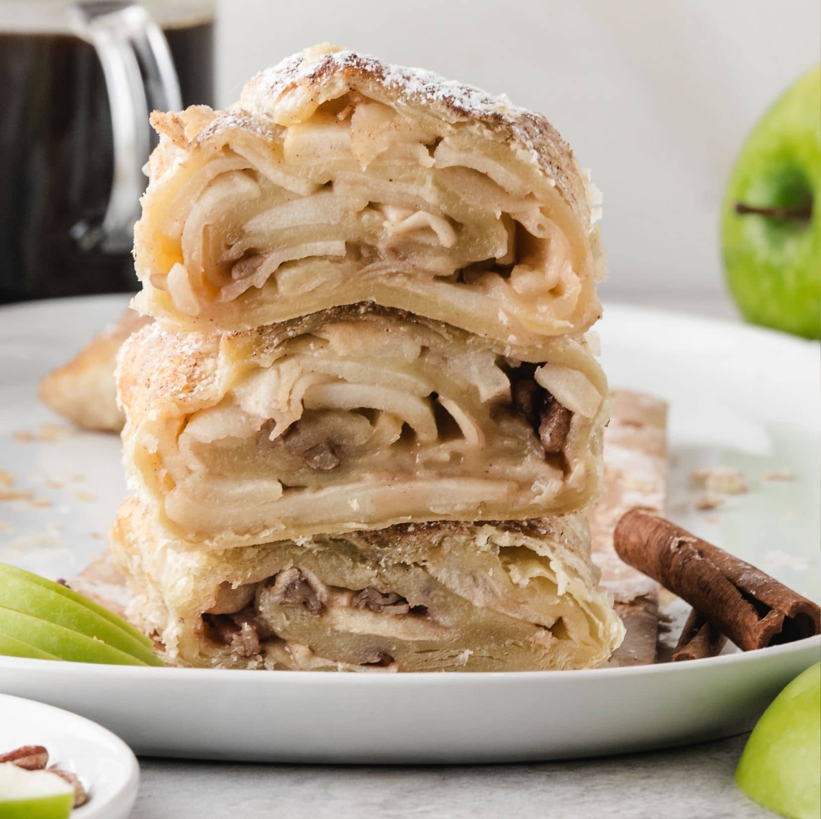 warm apple strudel just baked and cut into slices, ready to be served